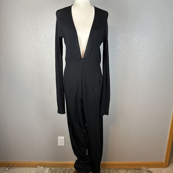 Donna Karan Womens Long Sleeve Plunge Neck Jumpsuit Size 10 Black Wool Italy